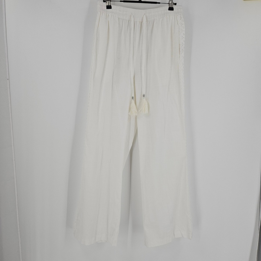 Aur Ocea Wide Lounge Cover Up Coastal Pants White Crochet Tassel Swim Beach 4
